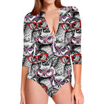 Owl With Glasses Pattern Print Long Sleeve Swimsuit