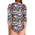 Owl With Glasses Pattern Print Long Sleeve Swimsuit