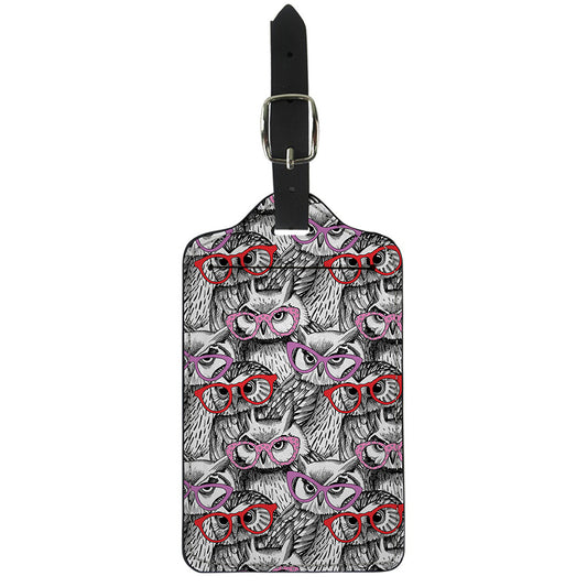 Owl With Glasses Pattern Print Luggage Tag