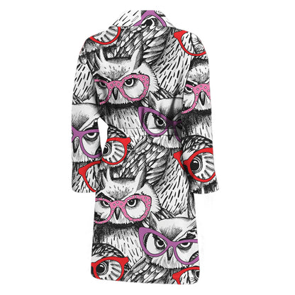 Owl With Glasses Pattern Print Men's Bathrobe