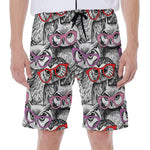 Owl With Glasses Pattern Print Men's Beach Shorts