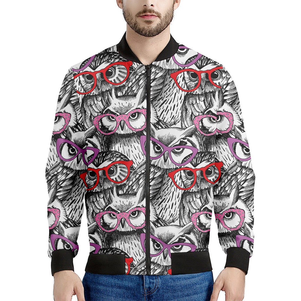 Owl With Glasses Pattern Print Men's Bomber Jacket