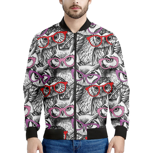 Owl With Glasses Pattern Print Men's Bomber Jacket