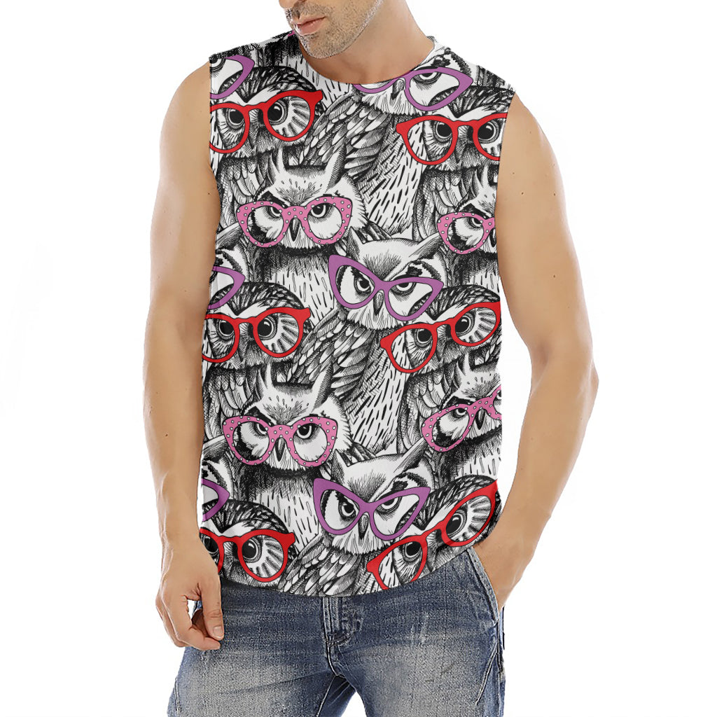 Owl With Glasses Pattern Print Men's Fitness Tank Top