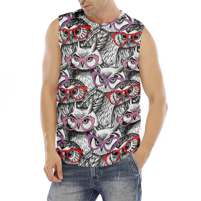 Owl With Glasses Pattern Print Men's Fitness Tank Top