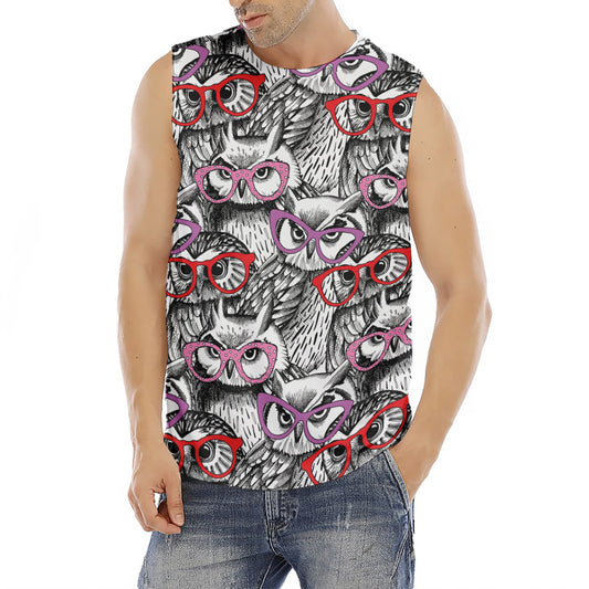 Owl With Glasses Pattern Print Men's Fitness Tank Top