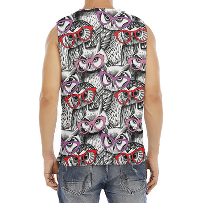 Owl With Glasses Pattern Print Men's Fitness Tank Top