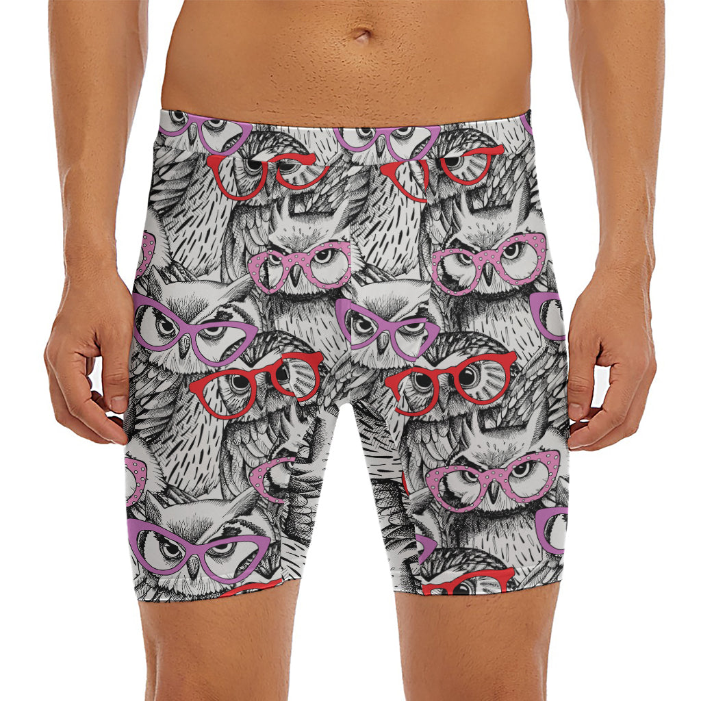 Owl With Glasses Pattern Print Men's Long Boxer Briefs