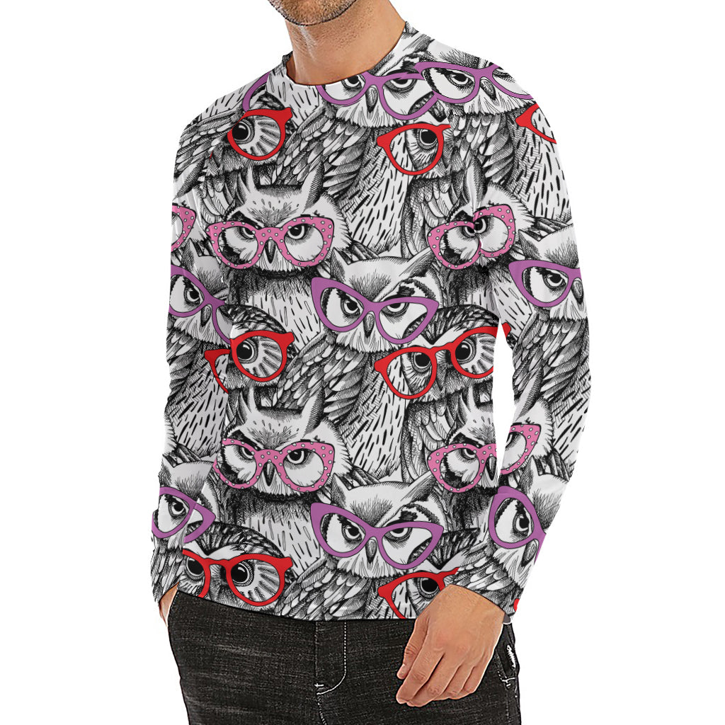 Owl With Glasses Pattern Print Men's Long Sleeve Rash Guard