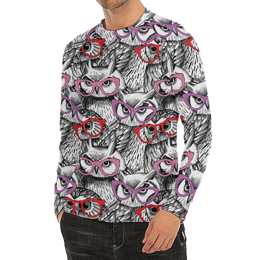 Owl With Glasses Pattern Print Men's Long Sleeve Rash Guard
