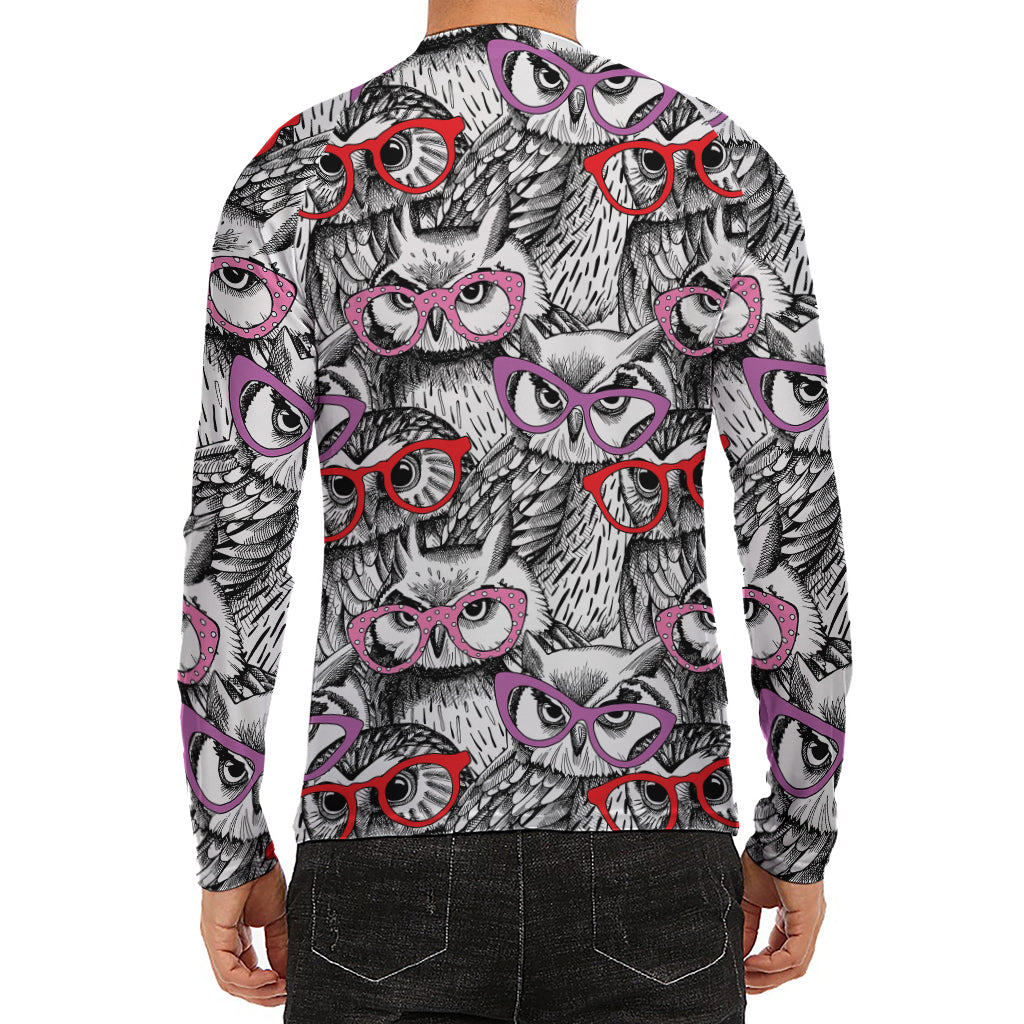 Owl With Glasses Pattern Print Men's Long Sleeve Rash Guard