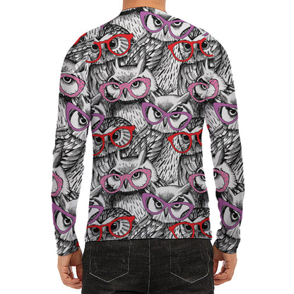 Owl With Glasses Pattern Print Men's Long Sleeve Rash Guard