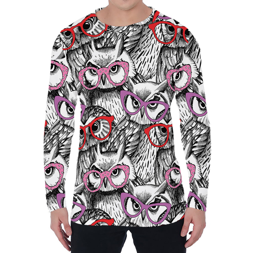 Owl With Glasses Pattern Print Men's Long Sleeve T-Shirt