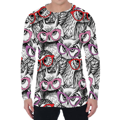Owl With Glasses Pattern Print Men's Long Sleeve T-Shirt