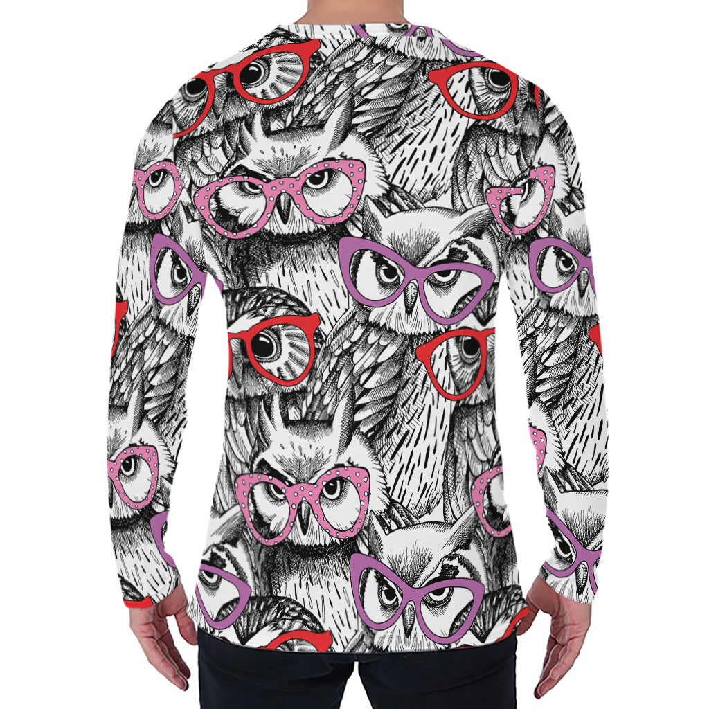 Owl With Glasses Pattern Print Men's Long Sleeve T-Shirt