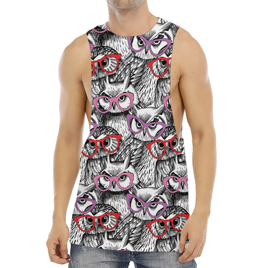 Owl With Glasses Pattern Print Men's Muscle Tank Top