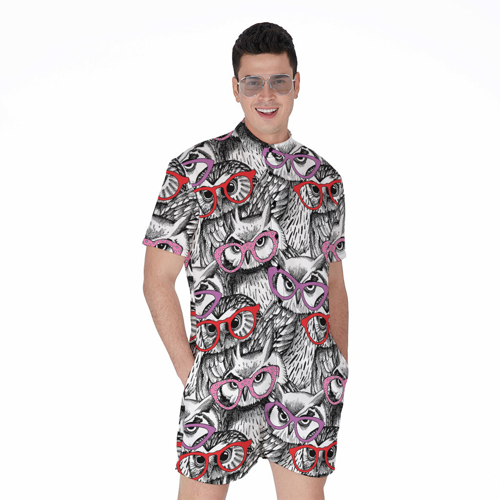 Owl With Glasses Pattern Print Men's Rompers
