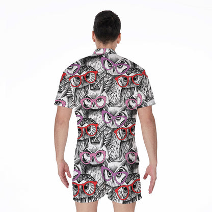 Owl With Glasses Pattern Print Men's Rompers