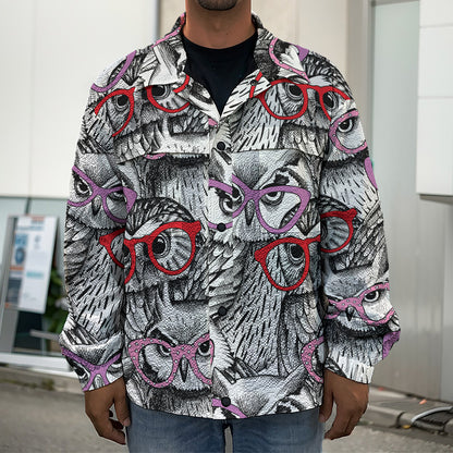 Owl With Glasses Pattern Print Men's Shirt Jacket