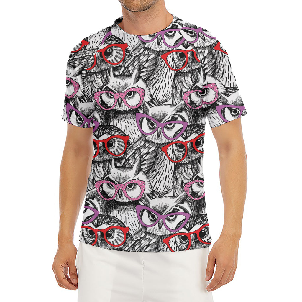 Owl With Glasses Pattern Print Men's Short Sleeve Rash Guard