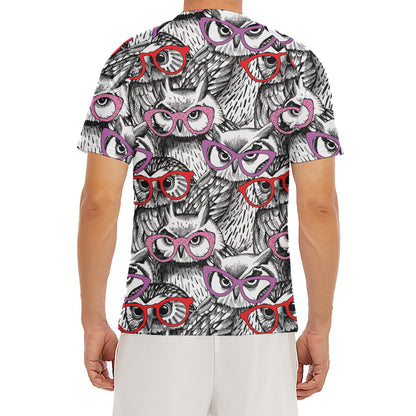 Owl With Glasses Pattern Print Men's Short Sleeve Rash Guard