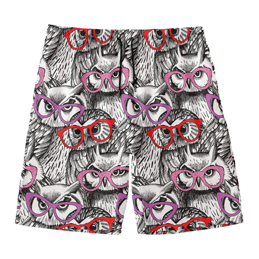 Owl With Glasses Pattern Print Men's Swim Trunks