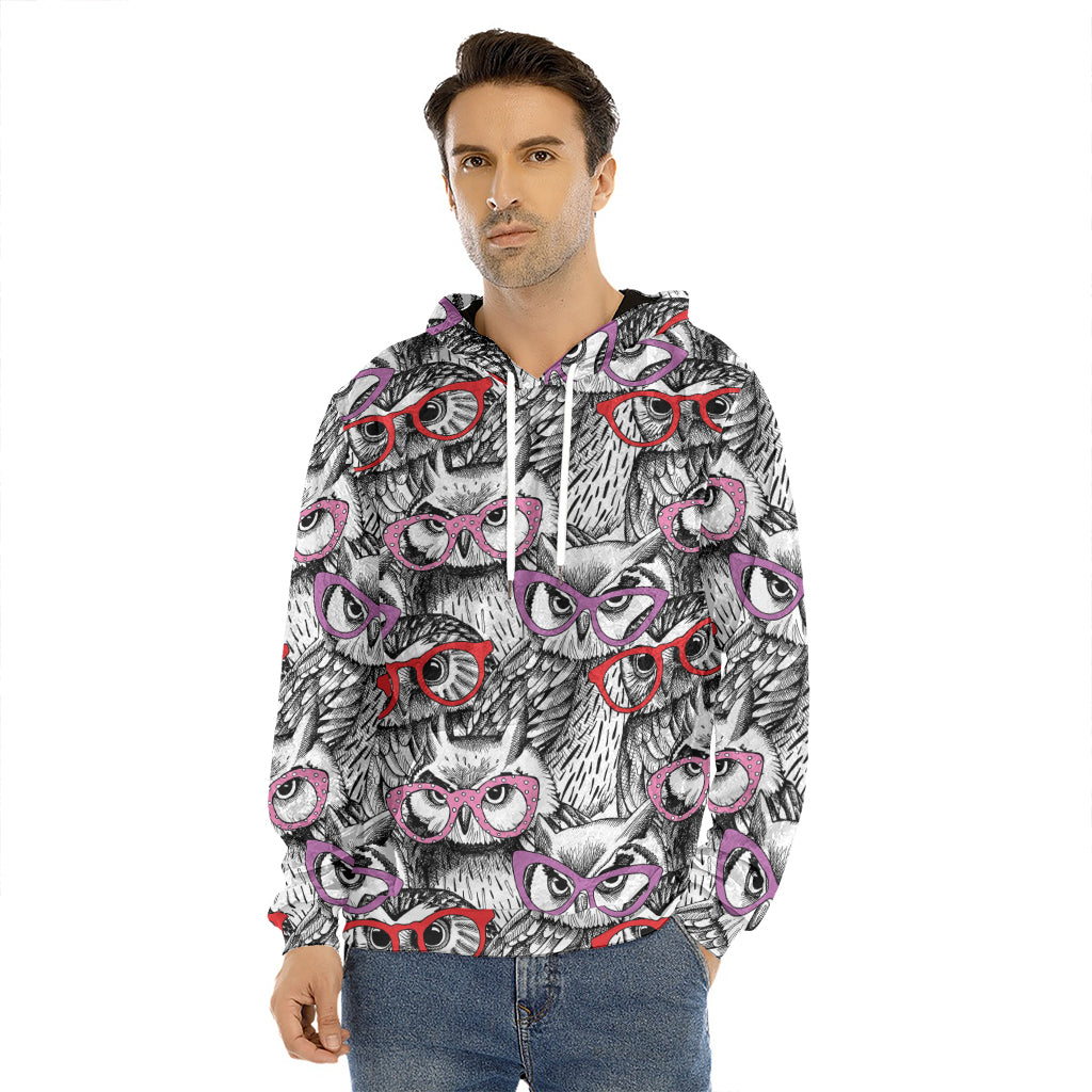 Owl With Glasses Pattern Print Men's Velvet Pullover Hoodie