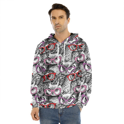 Owl With Glasses Pattern Print Men's Velvet Pullover Hoodie