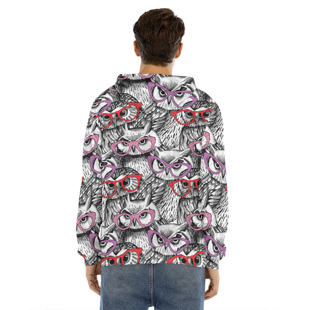 Owl With Glasses Pattern Print Men's Velvet Pullover Hoodie