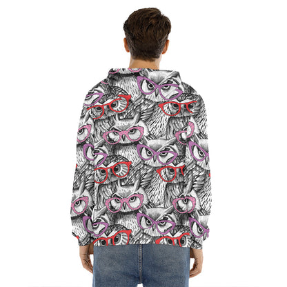 Owl With Glasses Pattern Print Men's Velvet Pullover Hoodie