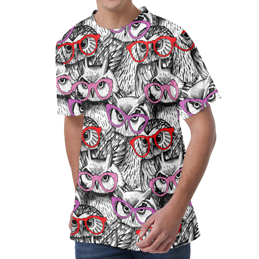 Owl With Glasses Pattern Print Men's Velvet T-Shirt