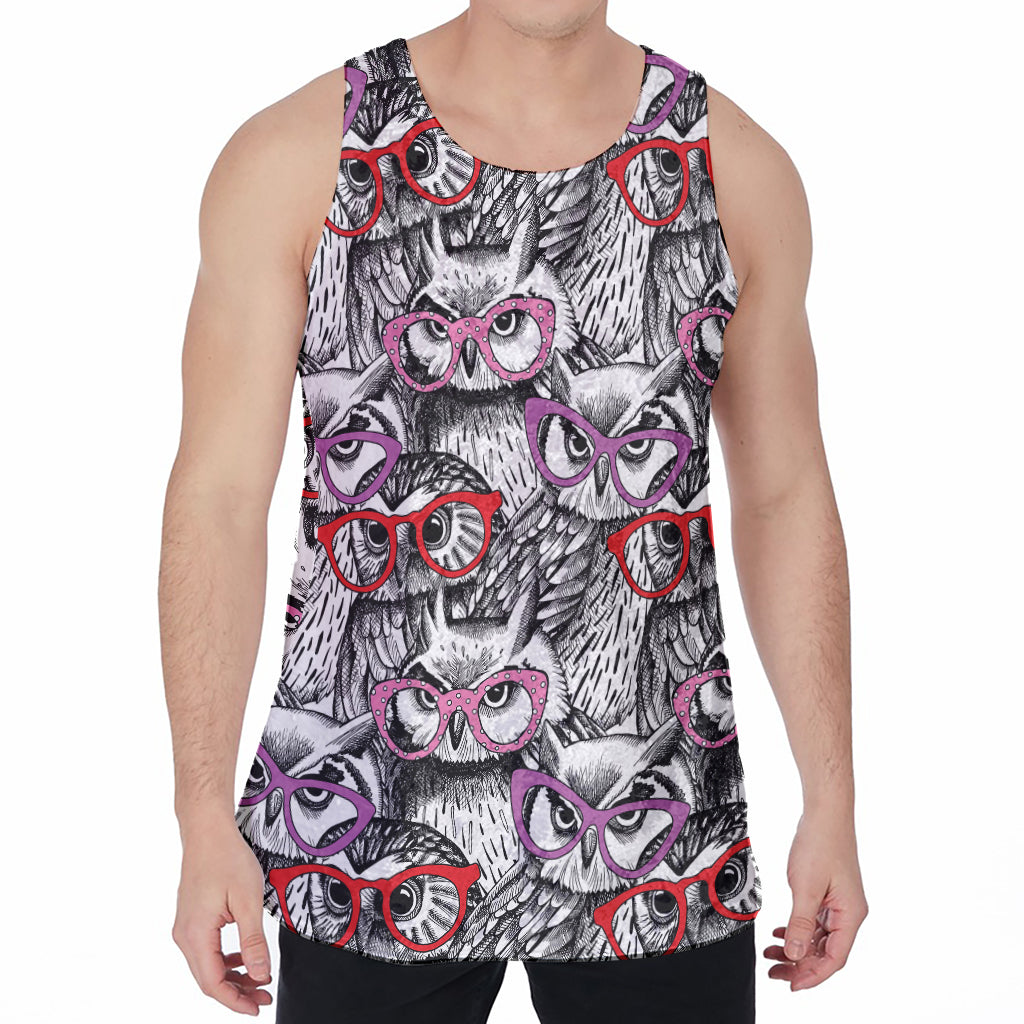 Owl With Glasses Pattern Print Men's Velvet Tank Top