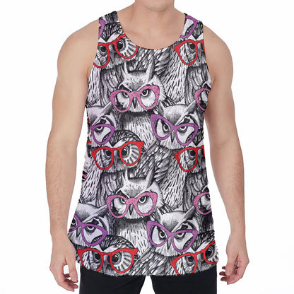 Owl With Glasses Pattern Print Men's Velvet Tank Top