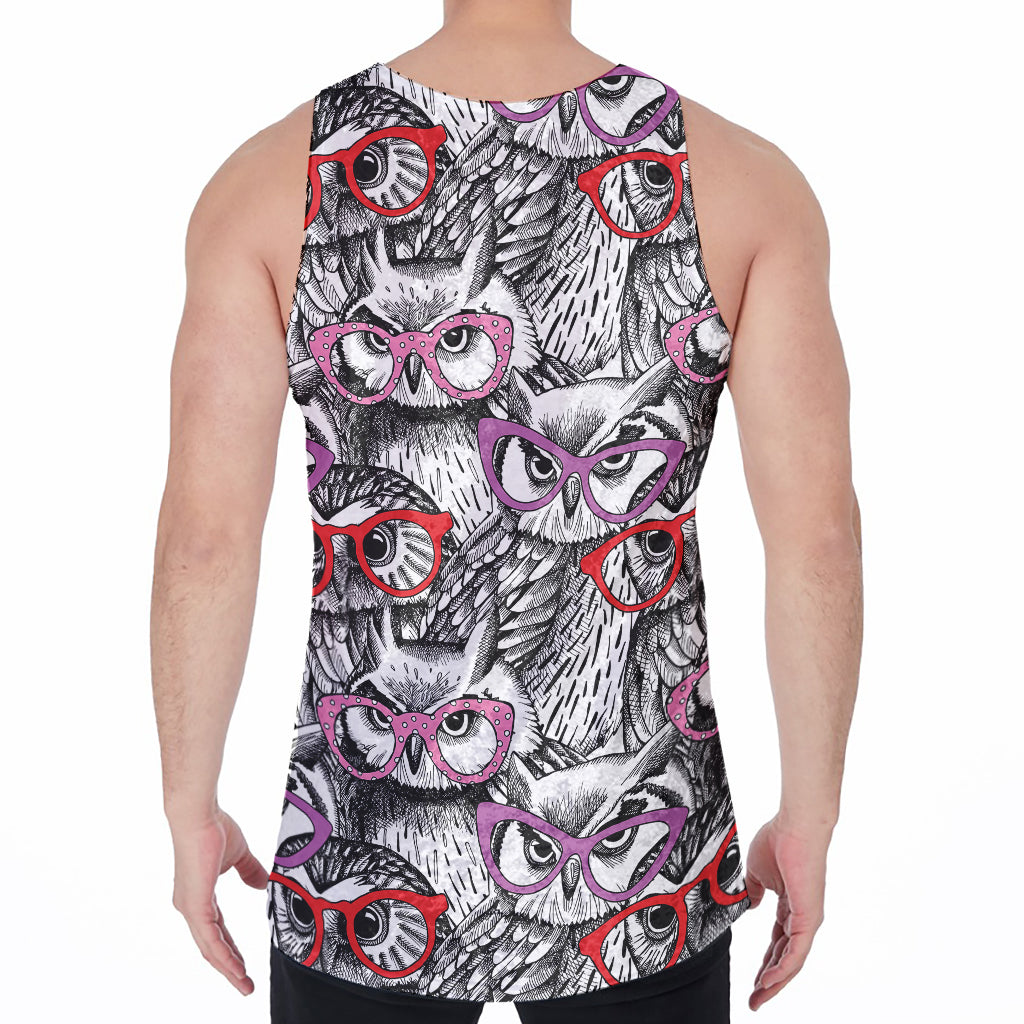 Owl With Glasses Pattern Print Men's Velvet Tank Top