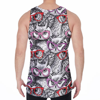 Owl With Glasses Pattern Print Men's Velvet Tank Top