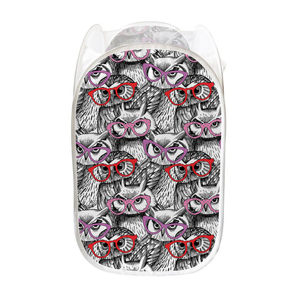 Owl With Glasses Pattern Print Mesh Laundry Hamper