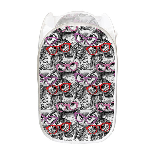 Owl With Glasses Pattern Print Mesh Laundry Hamper