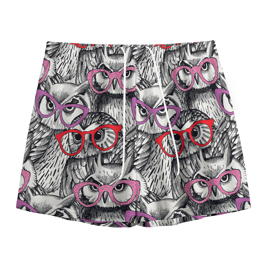 Owl With Glasses Pattern Print Mesh Shorts