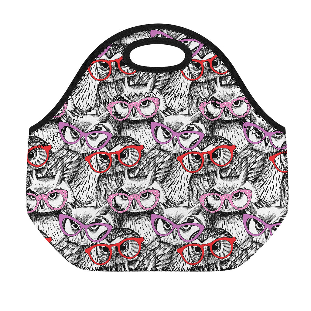 Owl With Glasses Pattern Print Neoprene Lunch Bag
