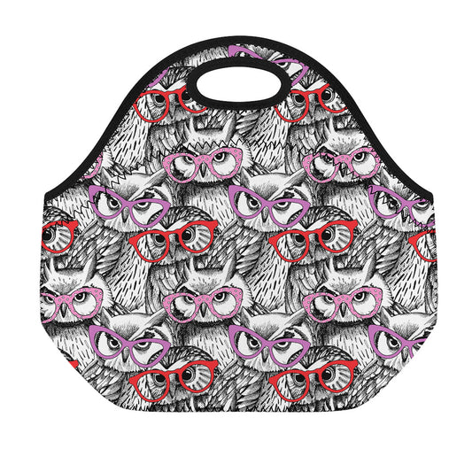 Owl With Glasses Pattern Print Neoprene Lunch Bag