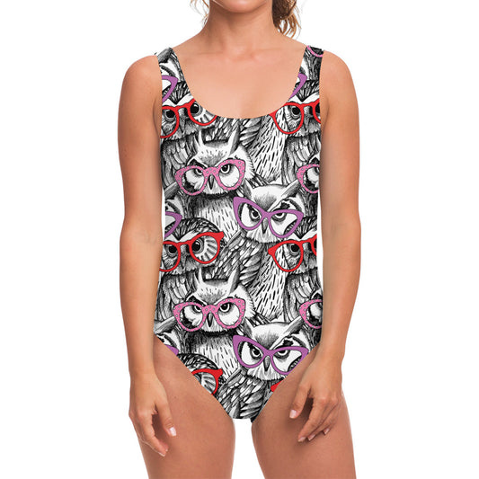 Owl With Glasses Pattern Print One Piece Swimsuit
