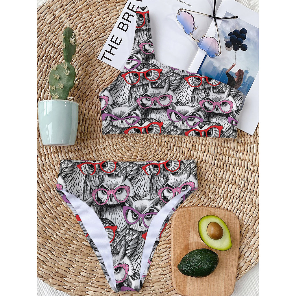 Owl With Glasses Pattern Print One Shoulder Bikini Top