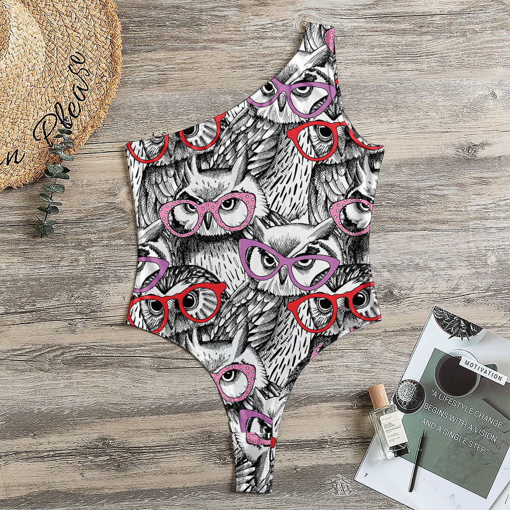 Owl With Glasses Pattern Print One Shoulder Bodysuit