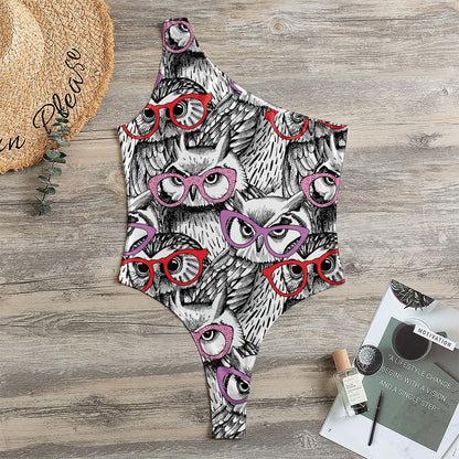 Owl With Glasses Pattern Print One Shoulder Bodysuit
