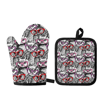 Owl With Glasses Pattern Print Oven Mitt And Pot Holder Set