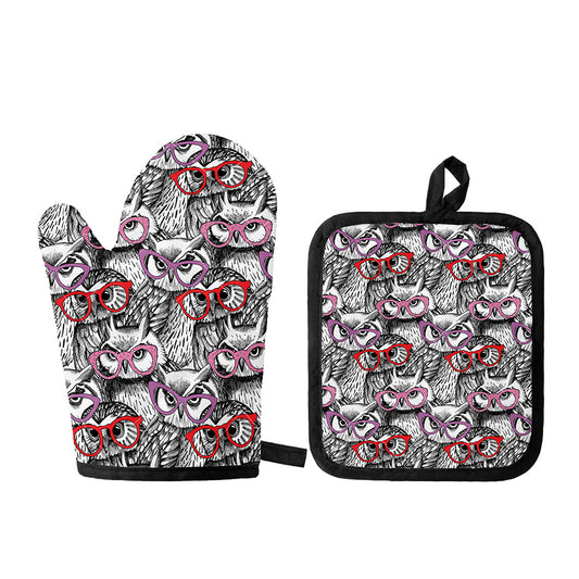 Owl With Glasses Pattern Print Oven Mitt And Pot Holder Set