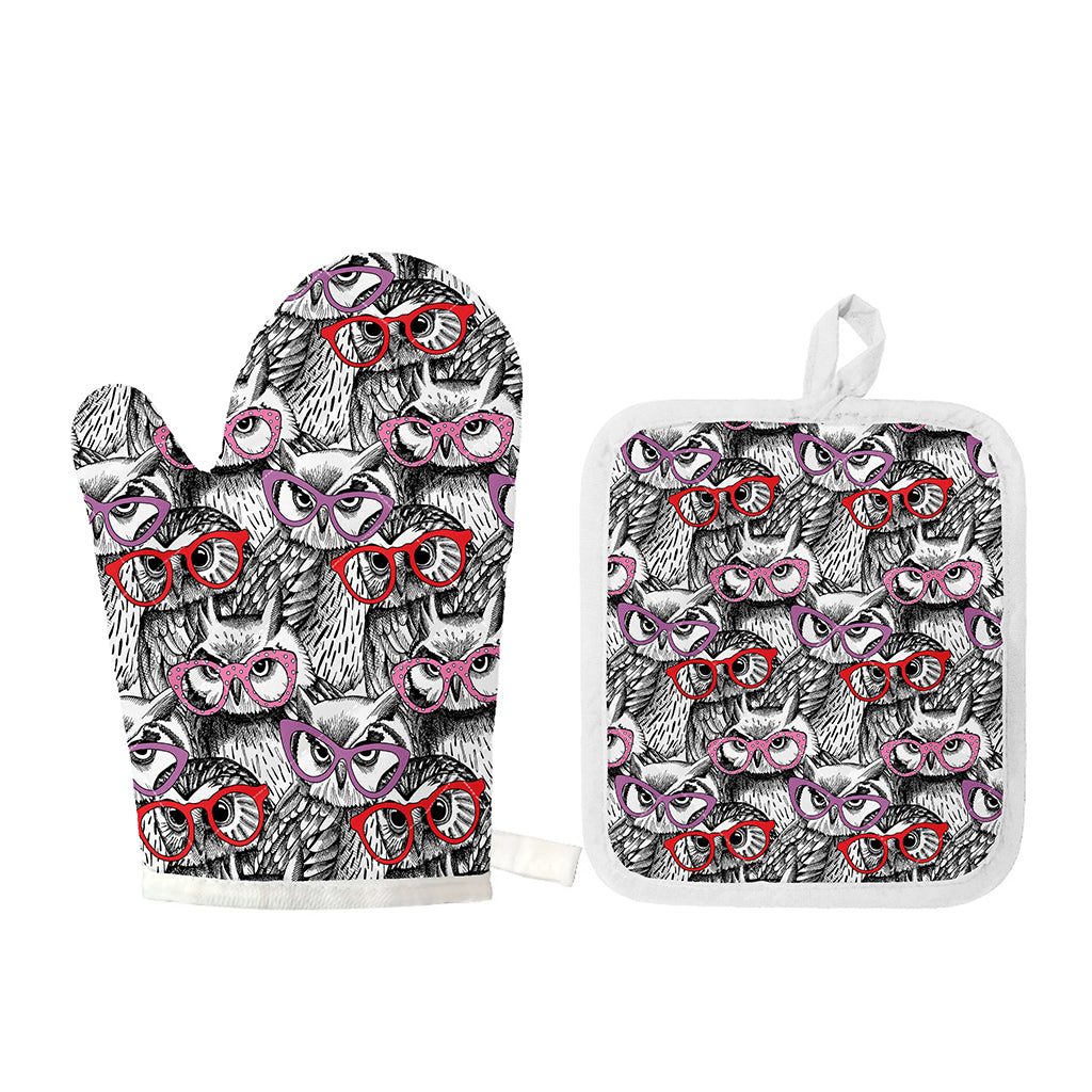 Owl With Glasses Pattern Print Oven Mitt And Pot Holder Set