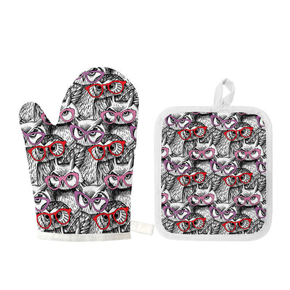 Owl With Glasses Pattern Print Oven Mitt And Pot Holder Set