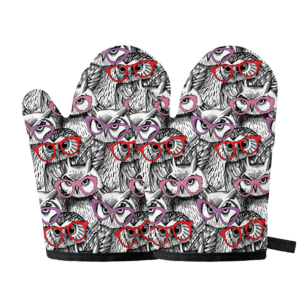 Owl With Glasses Pattern Print Oven Mitts