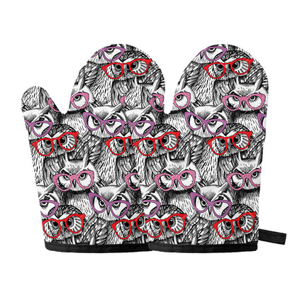 Owl With Glasses Pattern Print Oven Mitts